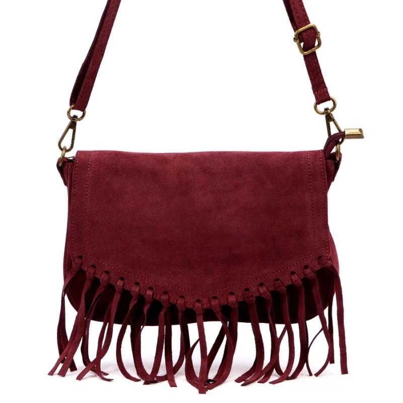 Torebka skórzana VERA PELLE – włoska zamszowa torebka z frędzlami