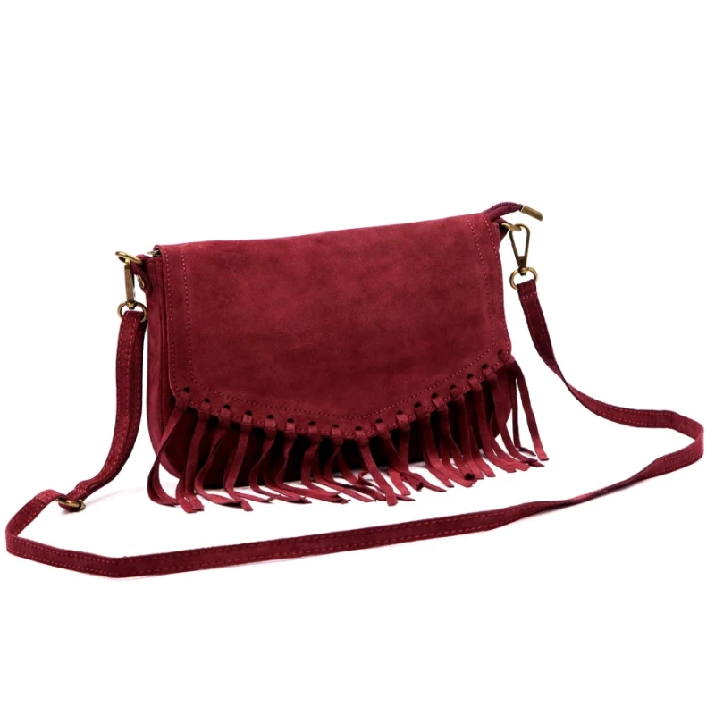 Torebka skórzana VERA PELLE – włoska zamszowa torebka z frędzlami