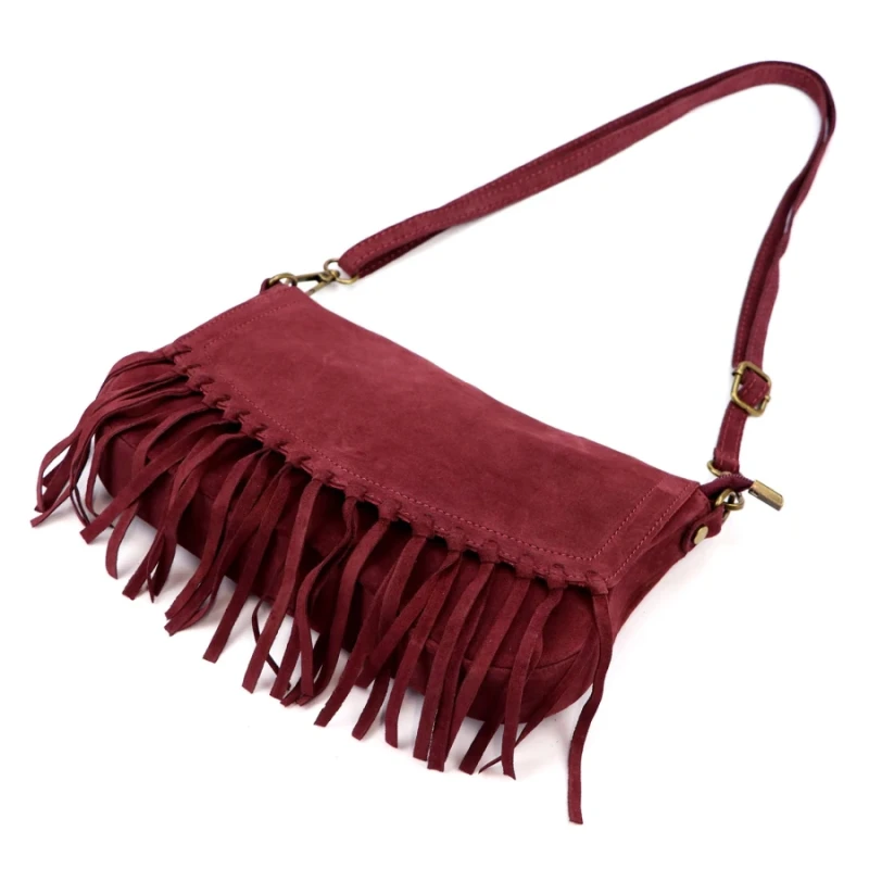 Torebka skórzana VERA PELLE – włoska zamszowa torebka z frędzlami