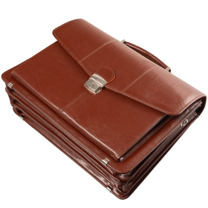 Aktówka męska skórzana brązowa | Rozbudowana | Pojemna | Pasek