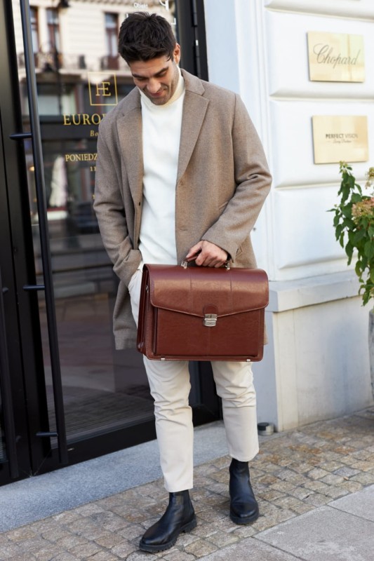 Aktówka męska skórzana brązowa | Rozbudowana | Pojemna | Pasek