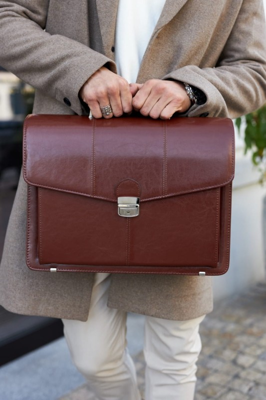 Aktówka męska skórzana brązowa | Rozbudowana | Pojemna | Pasek