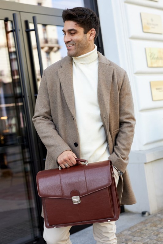 Aktówka męska skórzana brązowa | Rozbudowana | Pojemna | Pasek