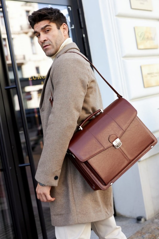 Aktówka męska skórzana brązowa | Rozbudowana | Pojemna | Pasek