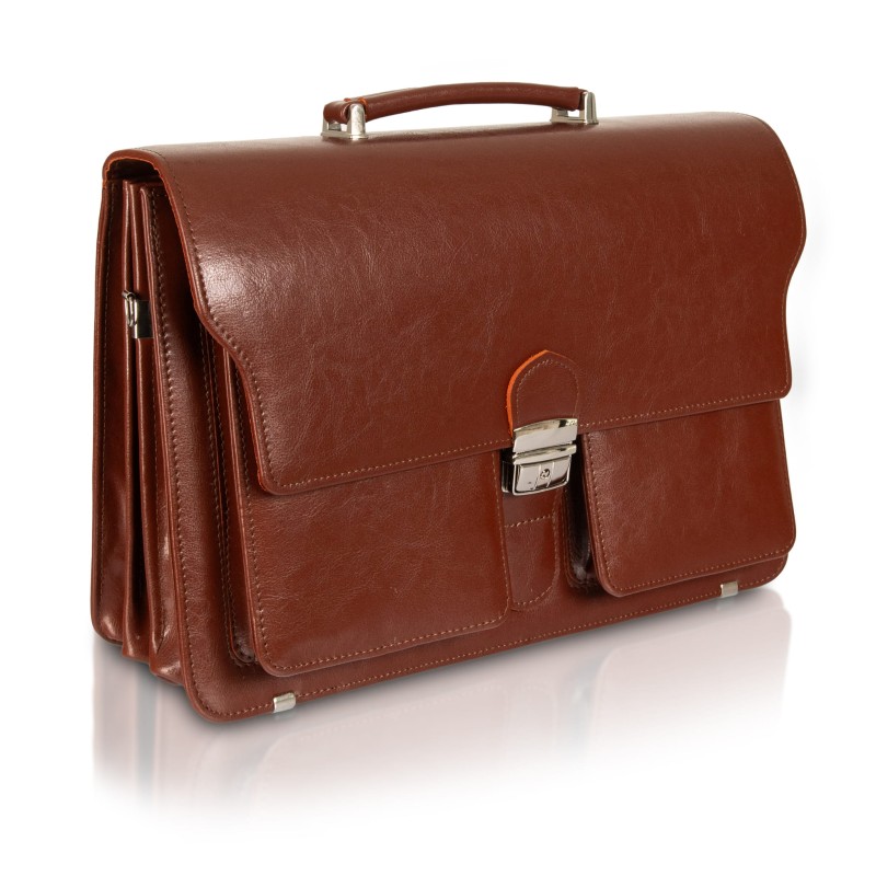 Skórzana teczka męska brązowa – elegancka aktówka z trzema komorami