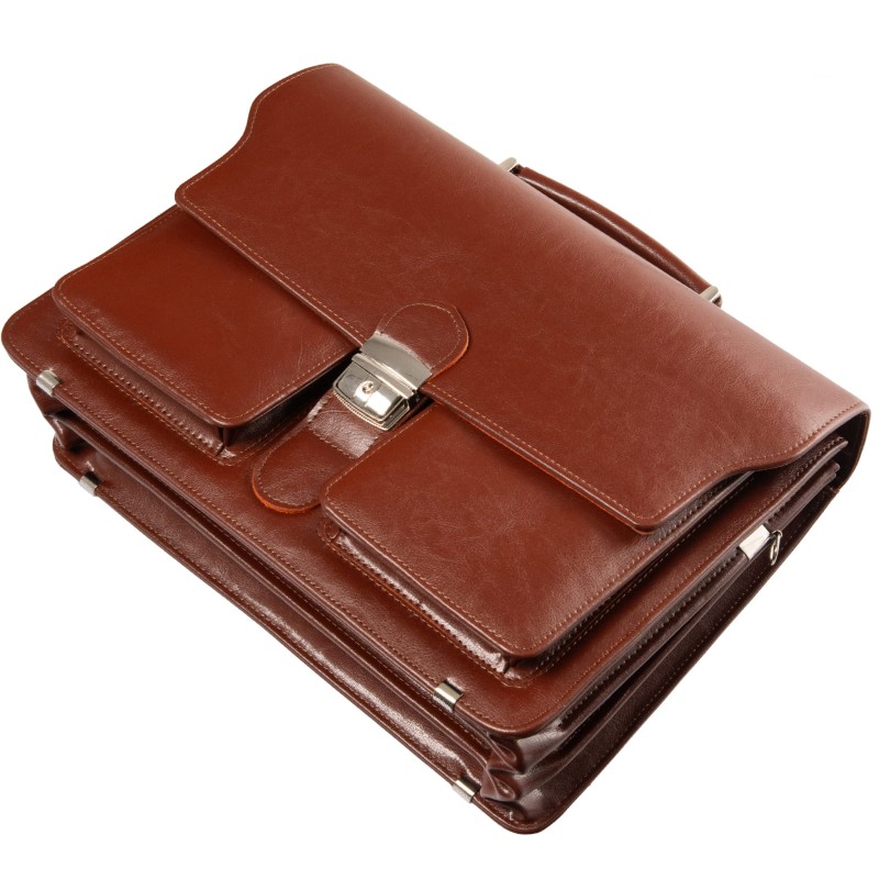 Skórzana teczka męska brązowa – elegancka aktówka z trzema komorami