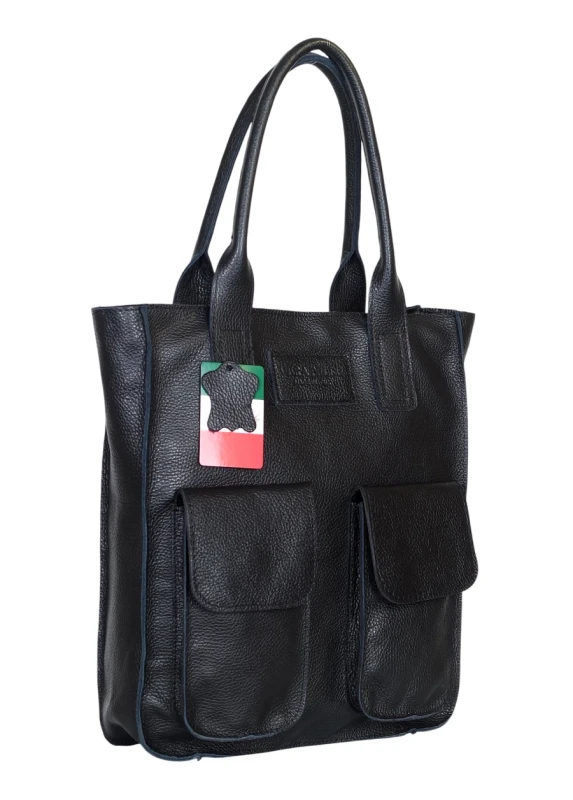 VERA PELLE Włoska skórzana torba shopper bag Czarna skóra naturalna