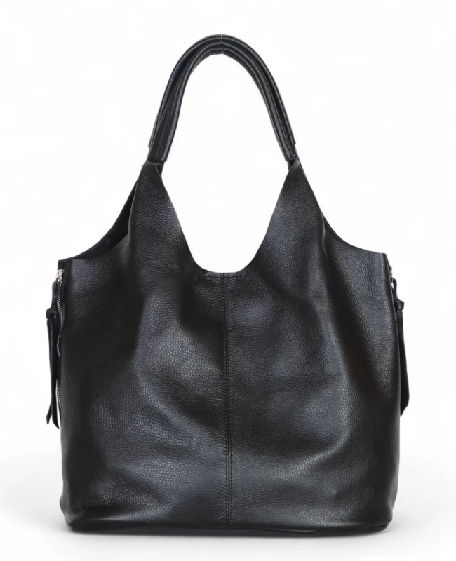 VERA PELLE Włoska czarna skórzana torebka shopper 2w1 Skóra naturalna