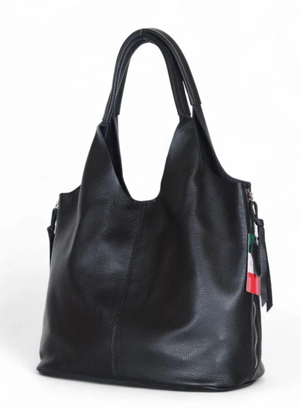 VERA PELLE Włoska czarna skórzana torebka shopper 2w1 Skóra naturalna