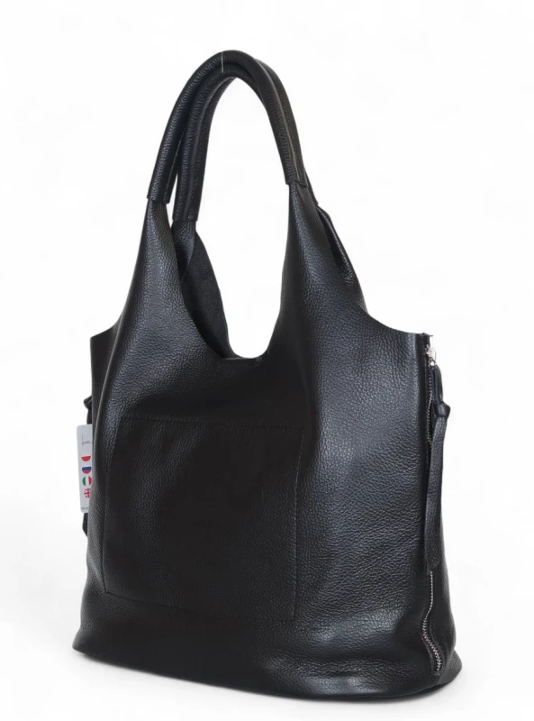 VERA PELLE Włoska czarna skórzana torebka shopper 2w1 Skóra naturalna