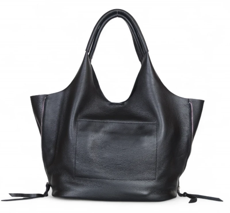 VERA PELLE Włoska czarna skórzana torebka shopper 2w1 Skóra naturalna