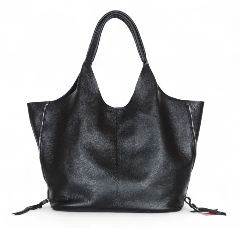 VERA PELLE Włoska czarna skórzana torebka shopper 2w1 Skóra naturalna