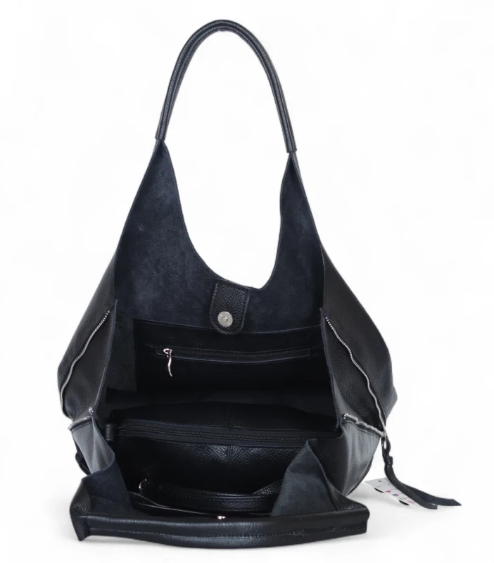 VERA PELLE Włoska czarna skórzana torebka shopper 2w1 Skóra naturalna