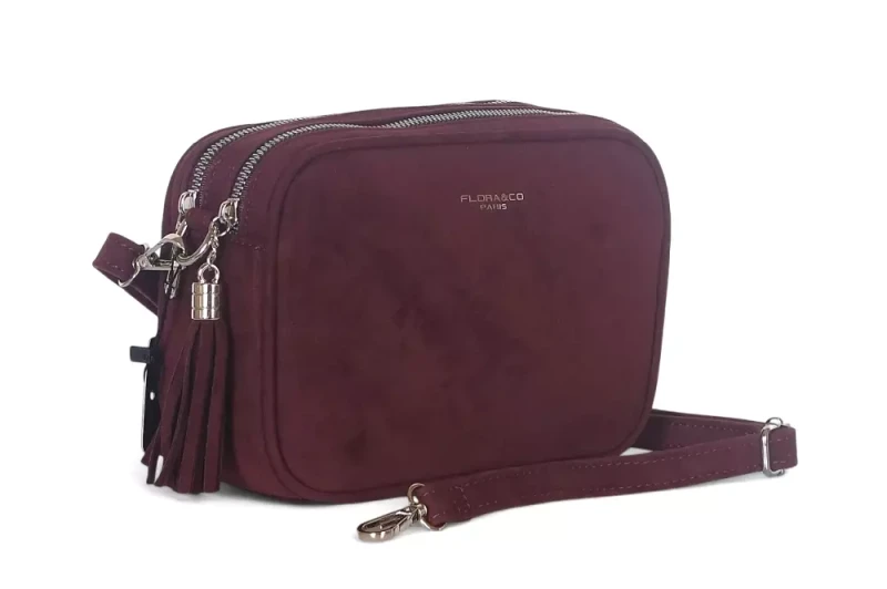 Torebka listonoszka Flora&amp;Co Paris – bordowa torebka damska zamszowa, dwukomorowa, nowa kolekcja Jesień Zima 2025/26