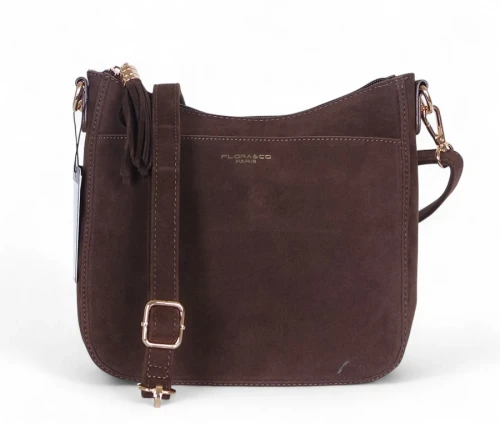 Torebka damska Flora&Co Paris – czekoladowa zamszowa listonoszka z frędzlem