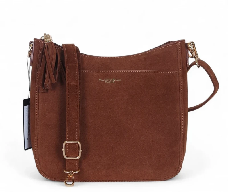 Torebka damska Flora&amp;Co Paris – brązowa zamszowa listonoszka z frędzlem