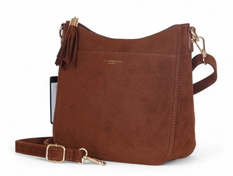 Torebka damska Flora&amp;Co Paris – brązowa zamszowa listonoszka z frędzlem