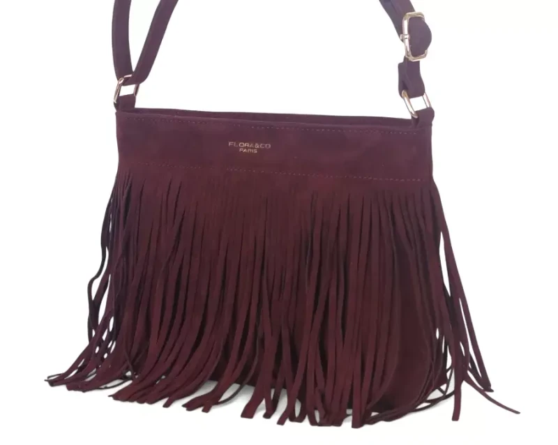 Torebka damska Flora&amp;Co Paris – bordowa zamszowa listonoszka z frędzlami
