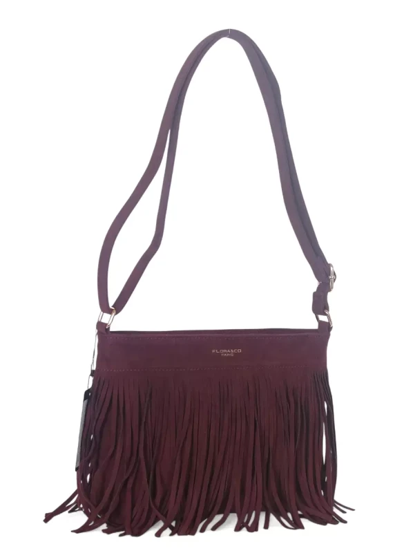 Torebka damska Flora&amp;Co Paris – bordowa zamszowa listonoszka z frędzlami