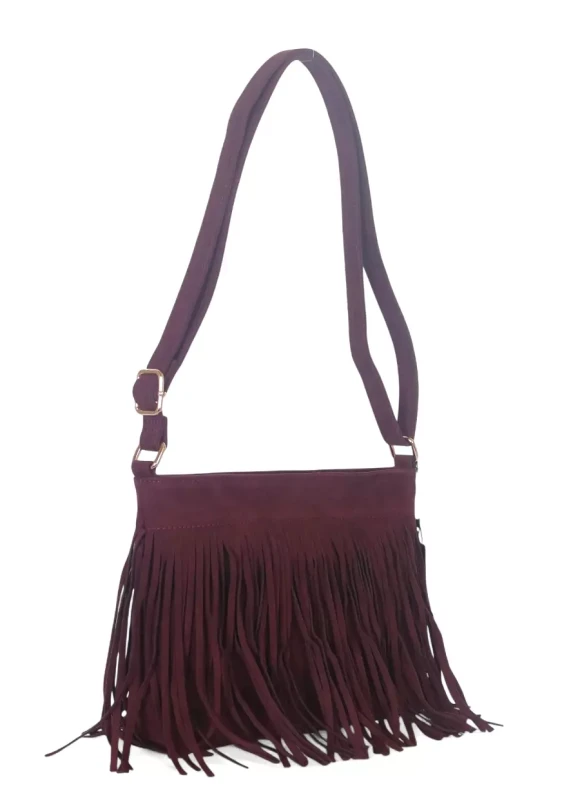Torebka damska Flora&amp;Co Paris – bordowa zamszowa listonoszka z frędzlami
