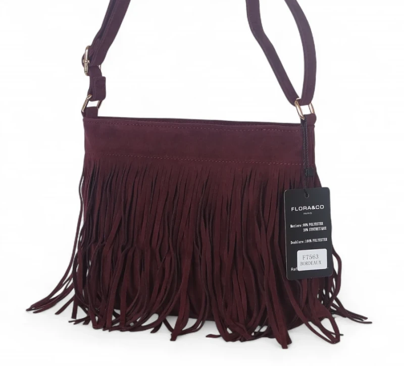 Torebka damska Flora&amp;Co Paris – bordowa zamszowa listonoszka z frędzlami