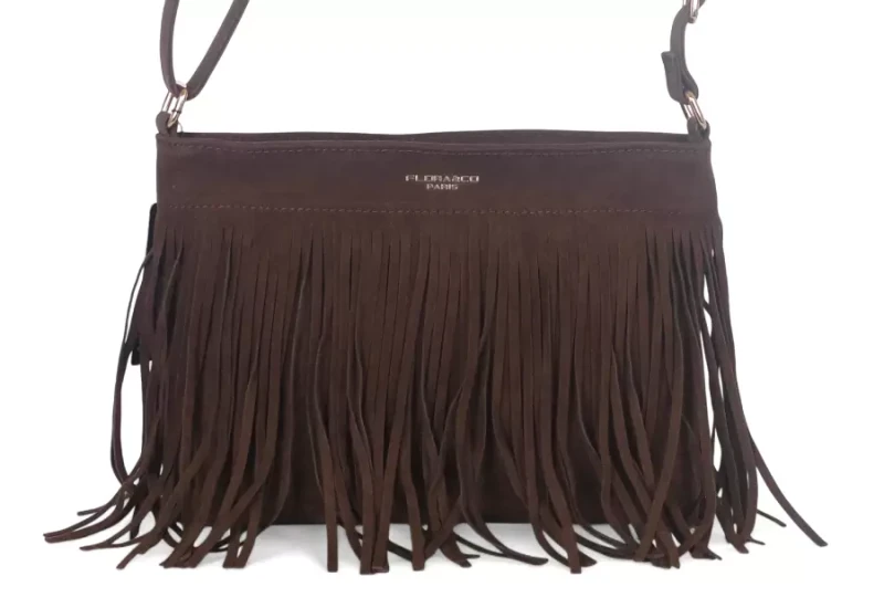 Torebka damska Flora&amp;Co Paris – czekoladowa zamszowa listonoszka z frędzlami