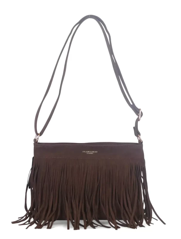 Torebka damska Flora&amp;Co Paris – czekoladowa zamszowa listonoszka z frędzlami