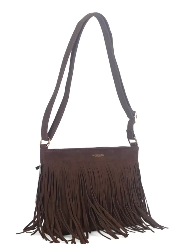 Torebka damska Flora&amp;Co Paris – czekoladowa zamszowa listonoszka z frędzlami
