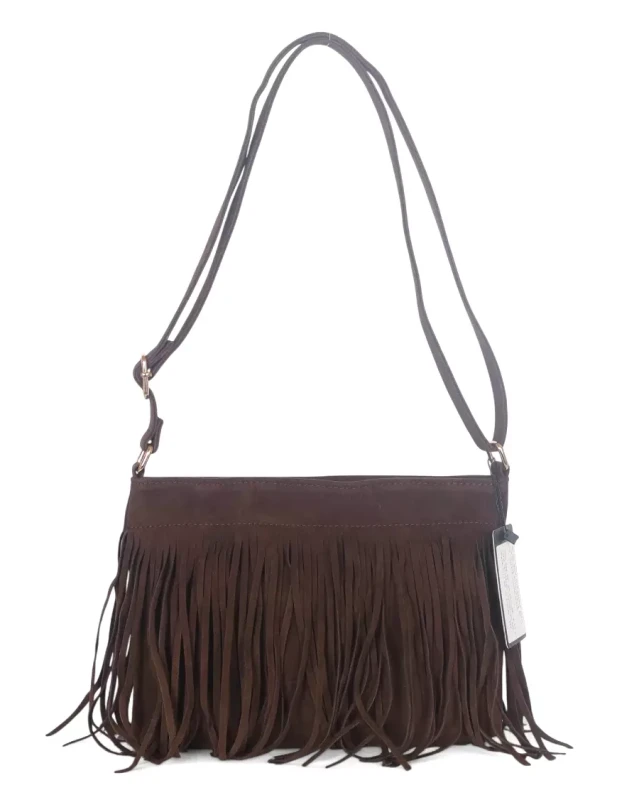 Torebka damska Flora&amp;Co Paris – czekoladowa zamszowa listonoszka z frędzlami