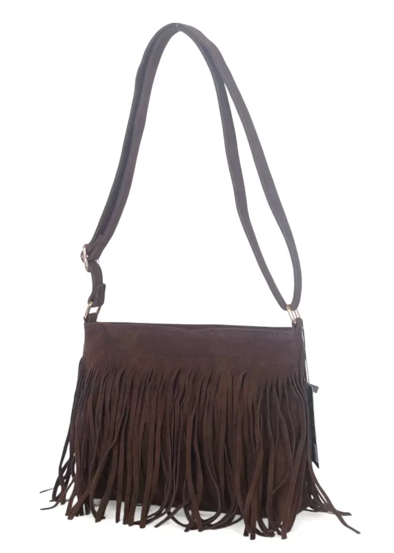 Torebka damska Flora&amp;Co Paris – czekoladowa zamszowa listonoszka z frędzlami