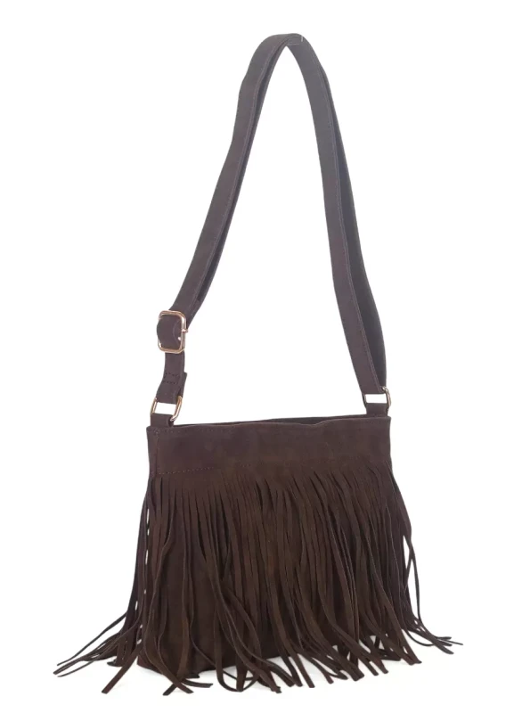 Torebka damska Flora&amp;Co Paris – czekoladowa zamszowa listonoszka z frędzlami