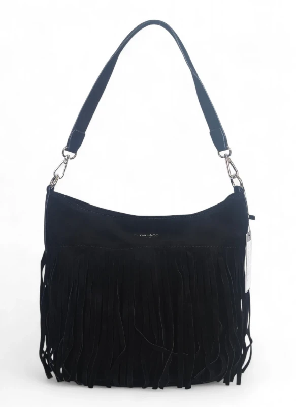 Torebka damska Flora&amp;Co – czarna zamszowa listonoszka worek z frędzlami