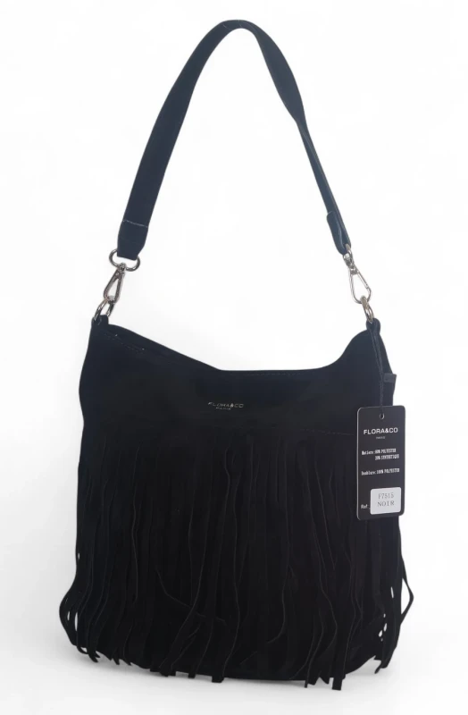 Torebka damska Flora&amp;Co – czarna zamszowa listonoszka worek z frędzlami