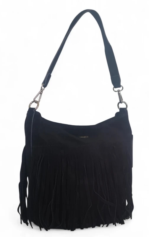 Torebka damska Flora&amp;Co – czarna zamszowa listonoszka worek z frędzlami