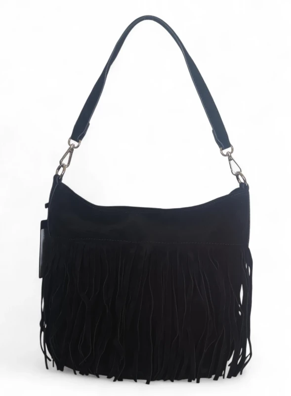 Torebka damska Flora&amp;Co – czarna zamszowa listonoszka worek z frędzlami