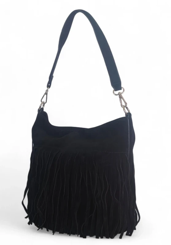 Torebka damska Flora&amp;Co – czarna zamszowa listonoszka worek z frędzlami