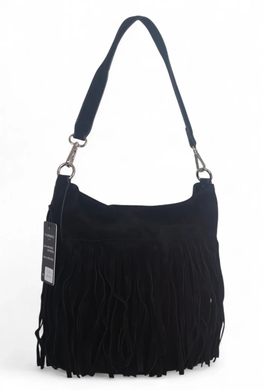 Torebka damska Flora&amp;Co – czarna zamszowa listonoszka worek z frędzlami