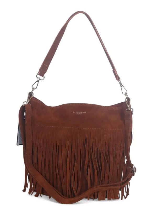 Torebka damska Flora&amp;Co – brązowa zamszowa listonoszka worek z frędzlami