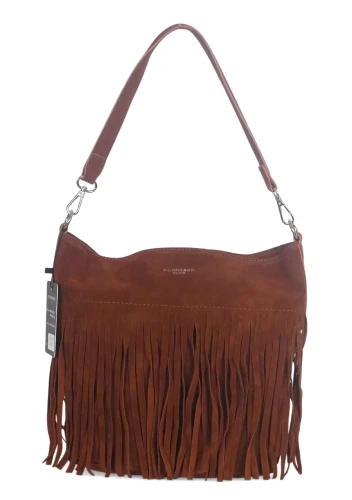 Torebka damska Flora&Co – brązowa zamszowa listonoszka worek z frędzlami