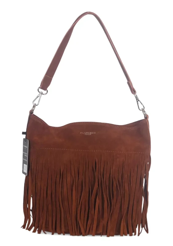 Torebka damska Flora&amp;Co – brązowa zamszowa listonoszka worek z frędzlami