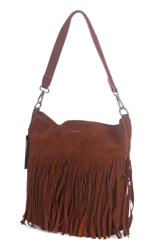 Torebka damska Flora&amp;Co – brązowa zamszowa listonoszka worek z frędzlami