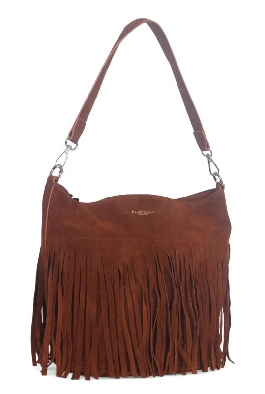 Torebka damska Flora&amp;Co – brązowa zamszowa listonoszka worek z frędzlami