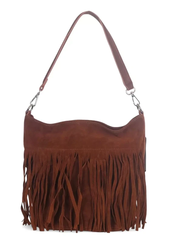 Torebka damska Flora&amp;Co – brązowa zamszowa listonoszka worek z frędzlami