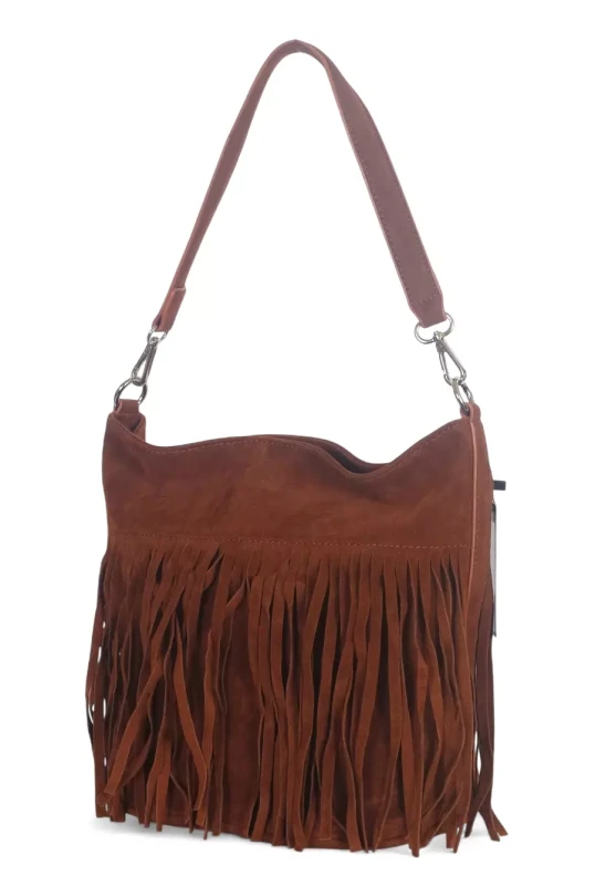 Torebka damska Flora&amp;Co – brązowa zamszowa listonoszka worek z frędzlami