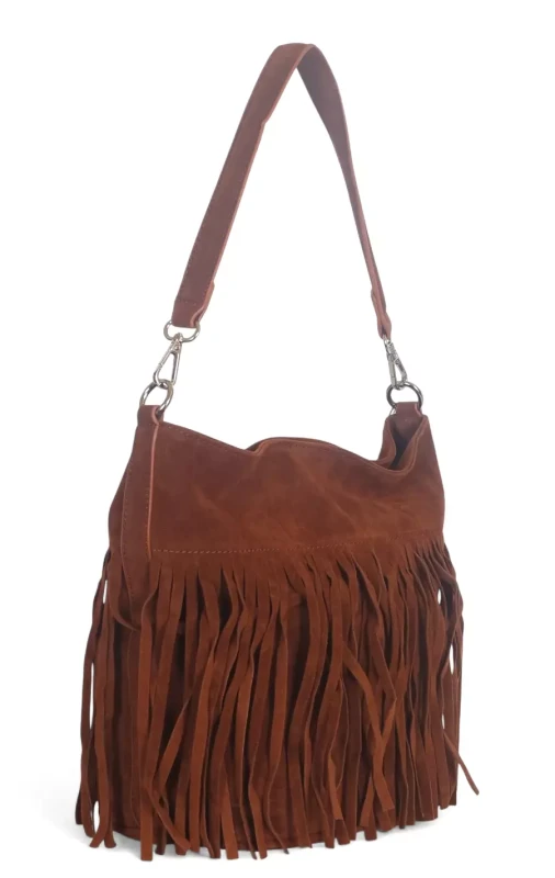 Torebka damska Flora&amp;Co – brązowa zamszowa listonoszka worek z frędzlami