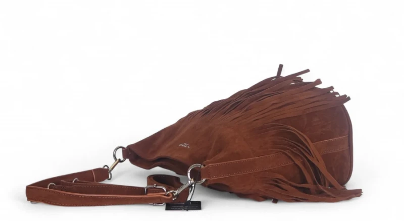 Torebka damska Flora&amp;Co – brązowa zamszowa listonoszka worek z frędzlami