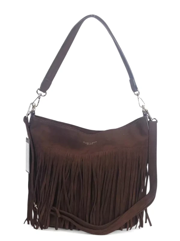 Torebka damska Flora&amp;Co – czekoladowa zamszowa listonoszka worek z frędzlami