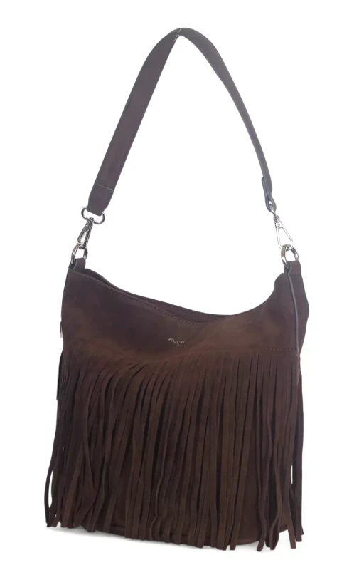 Torebka damska Flora&amp;Co – czekoladowa zamszowa listonoszka worek z frędzlami