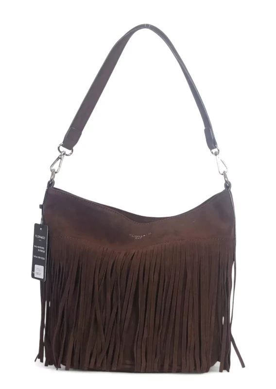 Torebka damska Flora&amp;Co – czekoladowa zamszowa listonoszka worek z frędzlami