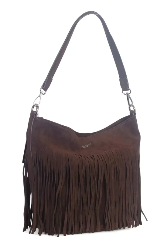 Torebka damska Flora&amp;Co – czekoladowa zamszowa listonoszka worek z frędzlami